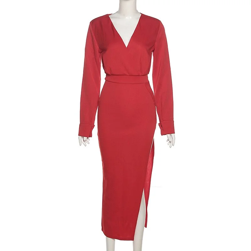 WannaThis V Neck Long Sleeve Midi Dresses High Split  Autumn 2021 Vintage Chic Party Wear Elegant Female White Aesthetic Dresses