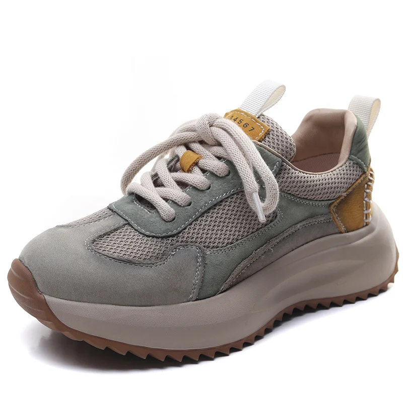 Yyvonne Leather Thick-Soled Fork Forrest Shoes Women's Spring And Autumn New Comfortable Old Dad Shoes Net Breathable Sports Casual Shoes