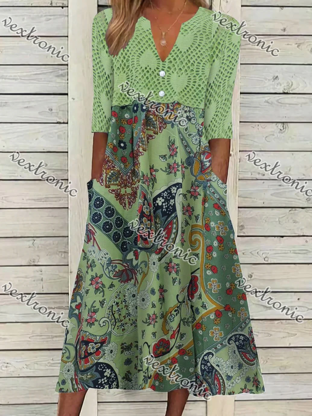 Women Short Sleeve V-neck Floral Printed Button Midi Dress