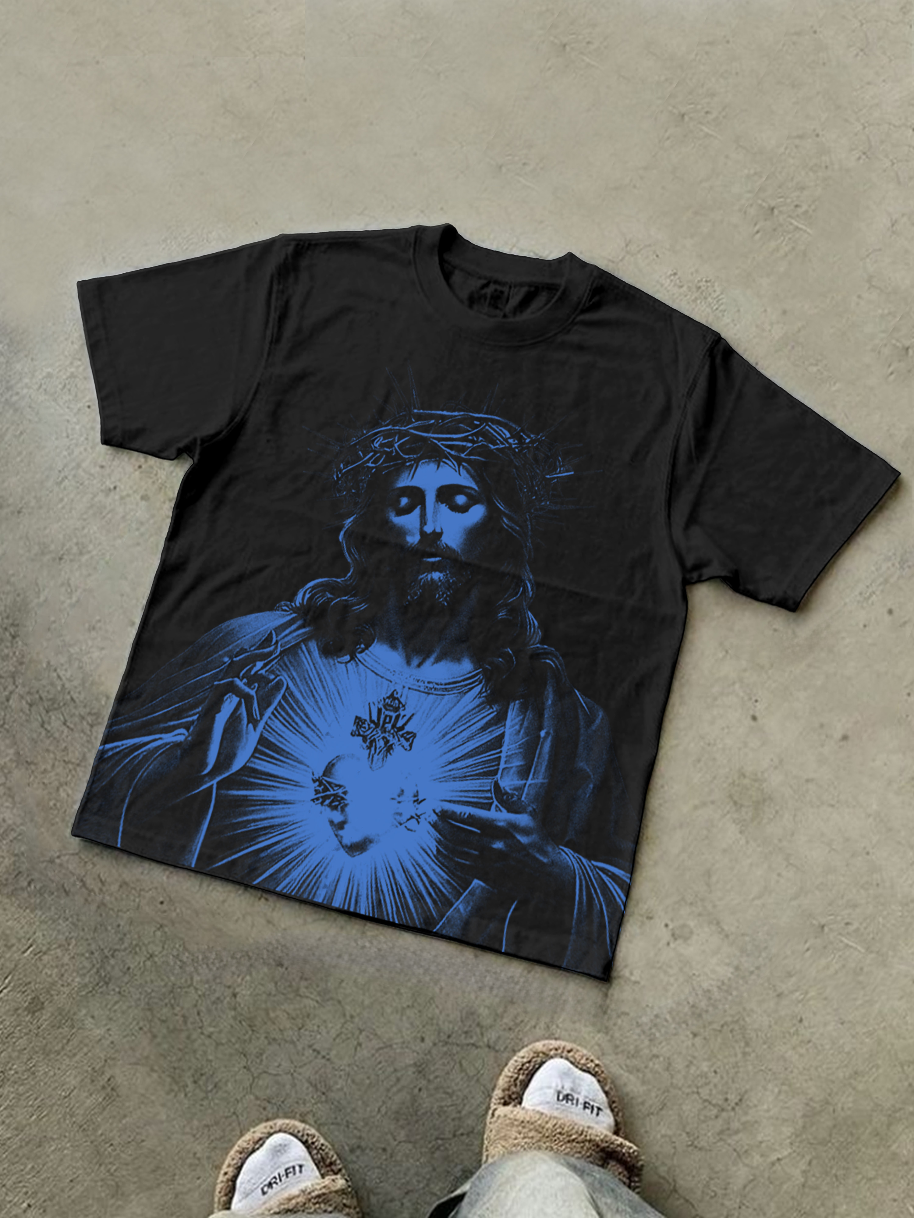 Vintage Jesus Print Round Neck Cotton T-Shirt