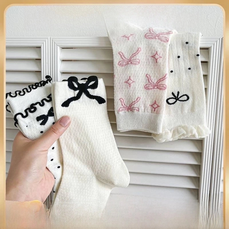 Bowknot Socks Women's Spring And Summer Mid-length Socks Thin Sweat-absorbent Stockings Black And White Versatile Trendy Zhuji Socks