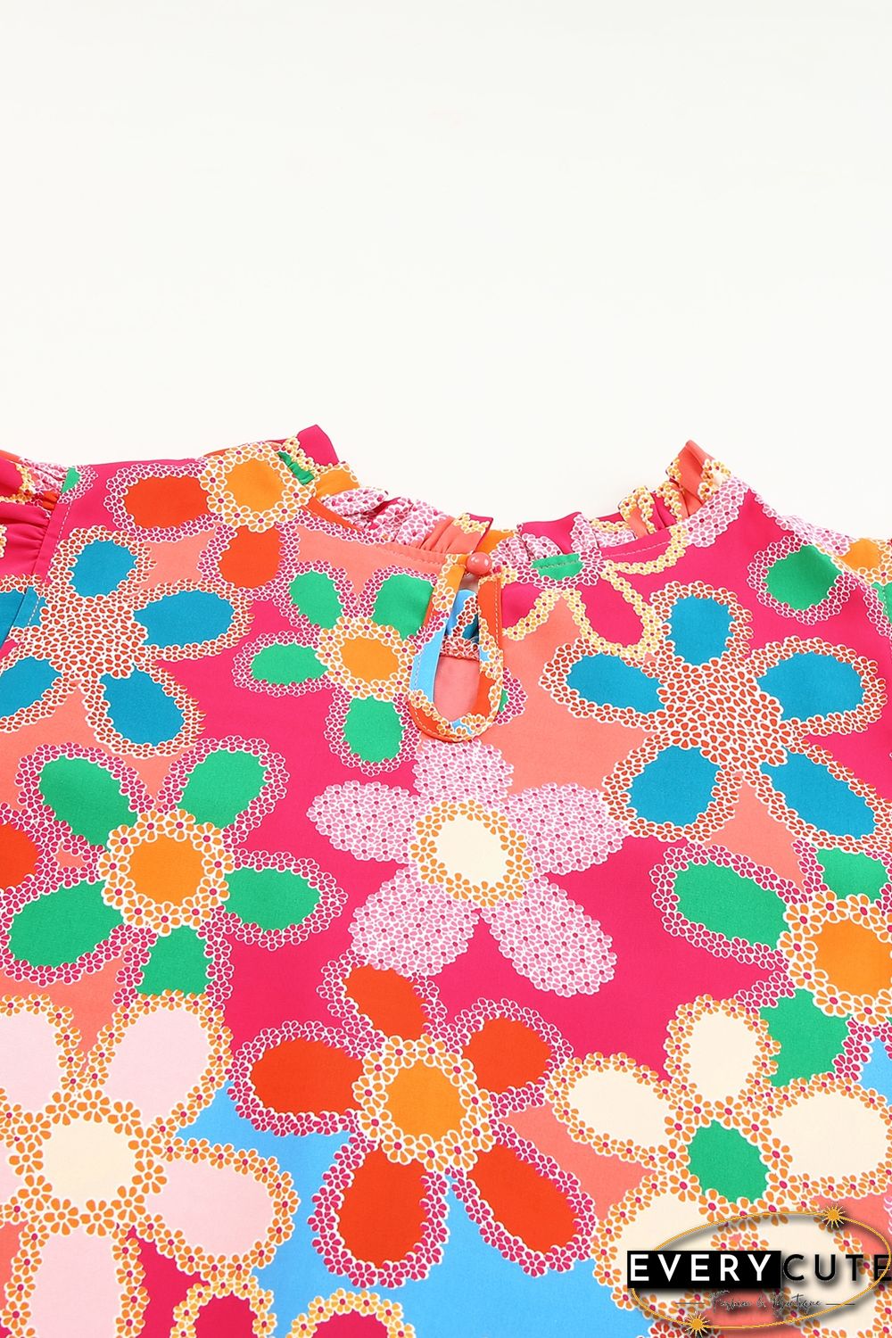 Pink Embroidered Detail Floral Print Ruffle Trim Tank Top