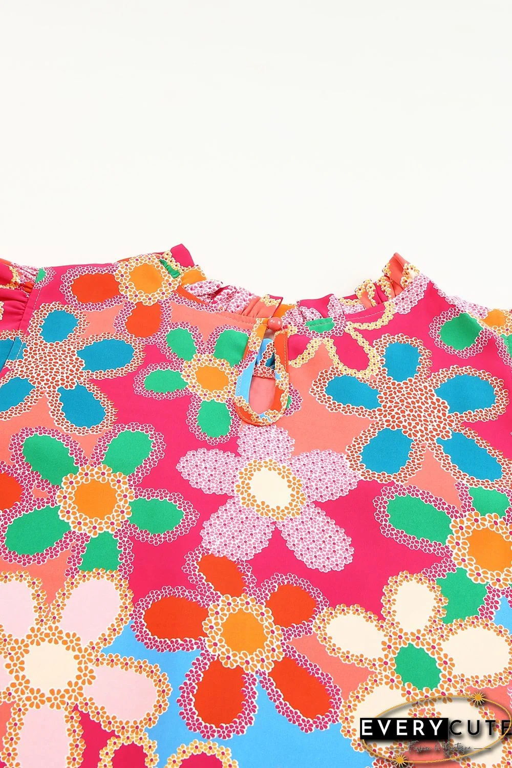 Pink Embroidered Detail Floral Print Ruffle Trim Tank Top