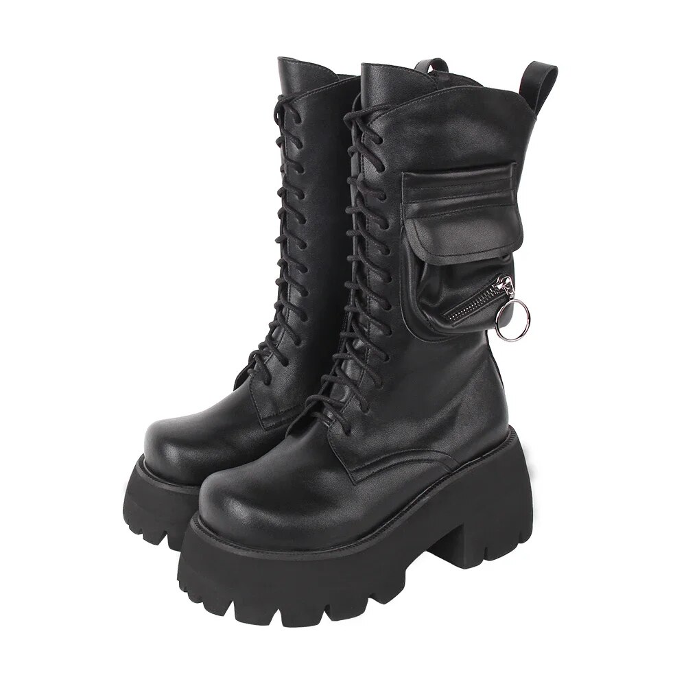 VCshoes Women Motorcycle Cool Punk Mid-calf Boots Lady Dark Style Shoes Woman Gothic High Heels Pumps Bag Black Boots 8cm