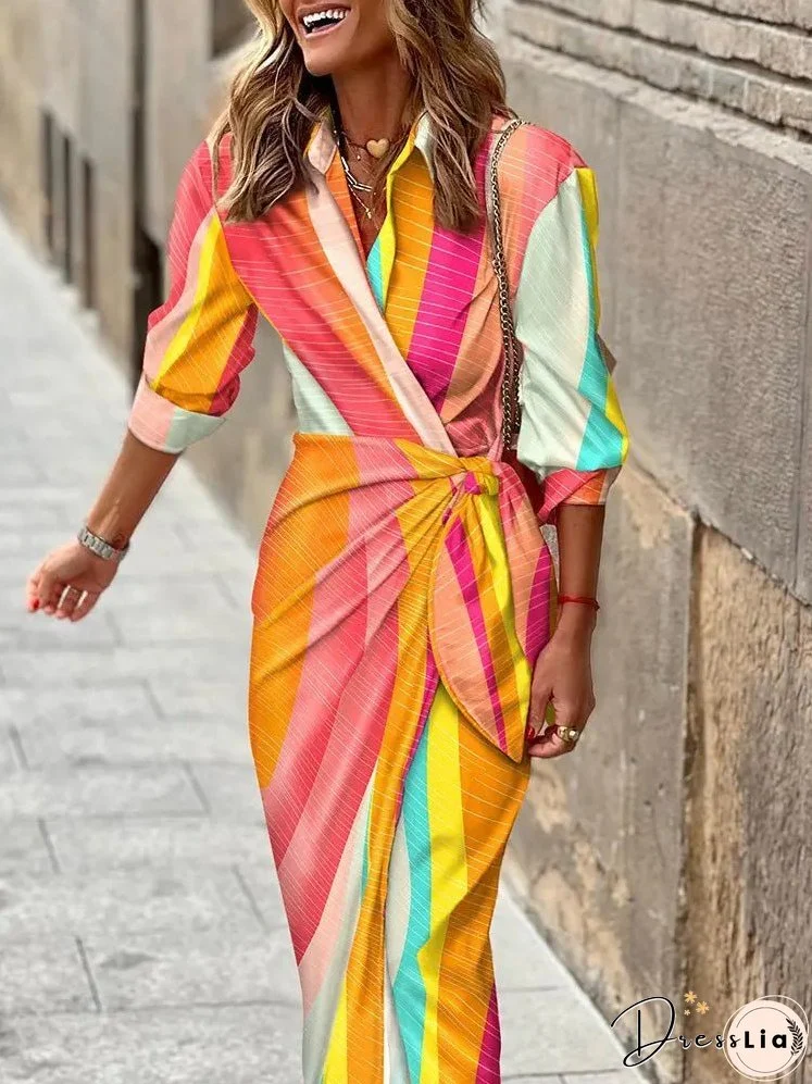 Dresses Printed Lapel Belted Long Sleeve Dress for Women