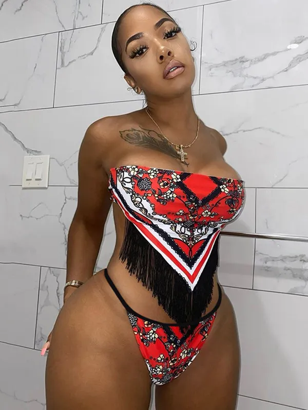 Sexy Off-The-Shoulder Backless Tasseled Bandeau Tie Side Bikini Swimwear