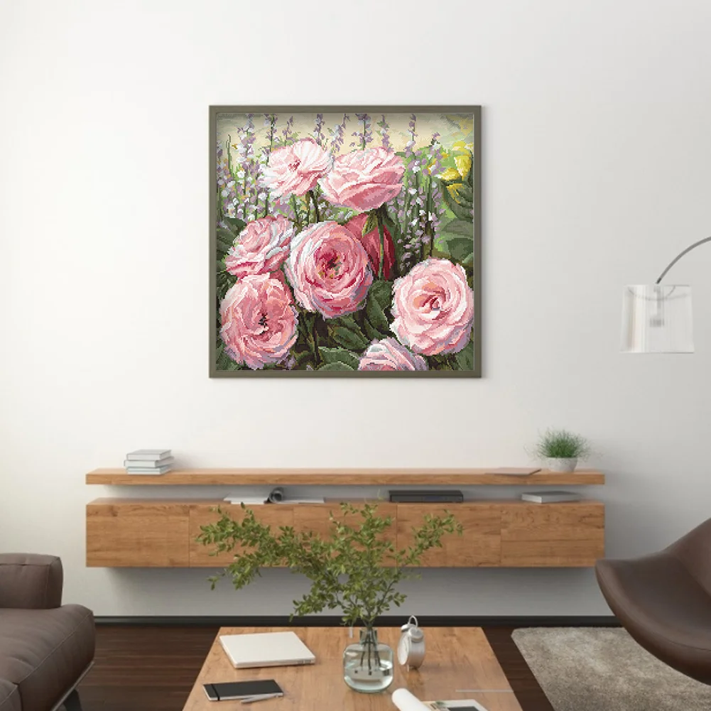 14CT Full Stamped Cross Stitch - Rose Flower(Canvas|48*48CM)