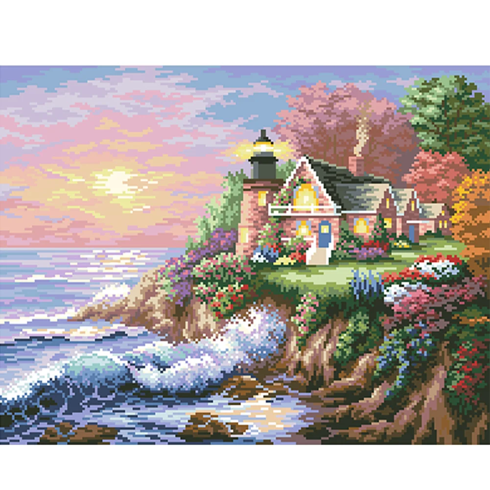 9CT Full Cross Stitch Bead Embroidery - Seaside Garden Lake(Canvas|55*43CM)