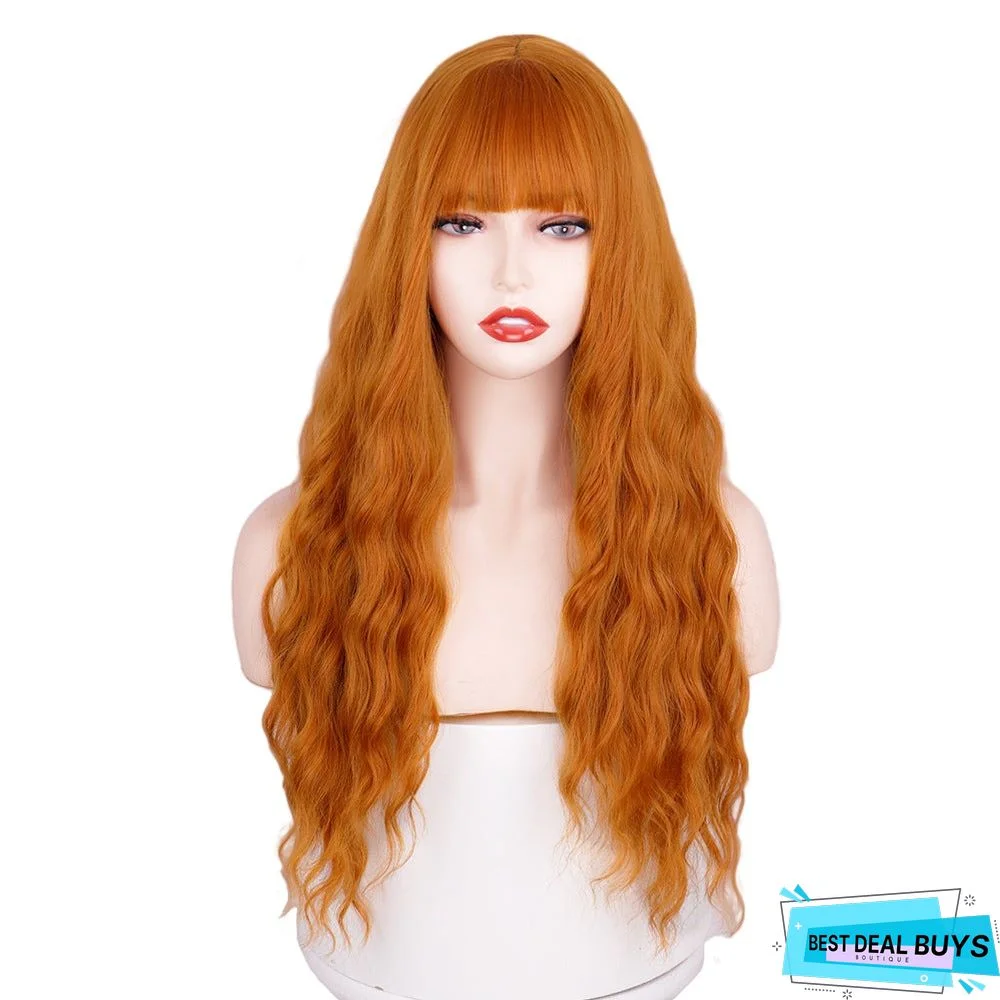 Qi Bangs Long Curly Wavy Chemical Fiber Wig Head Cover