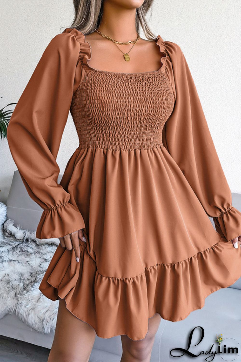 Burgundy Fashion Casual Solid Patchwork Square Collar Long Sleeve Dresses