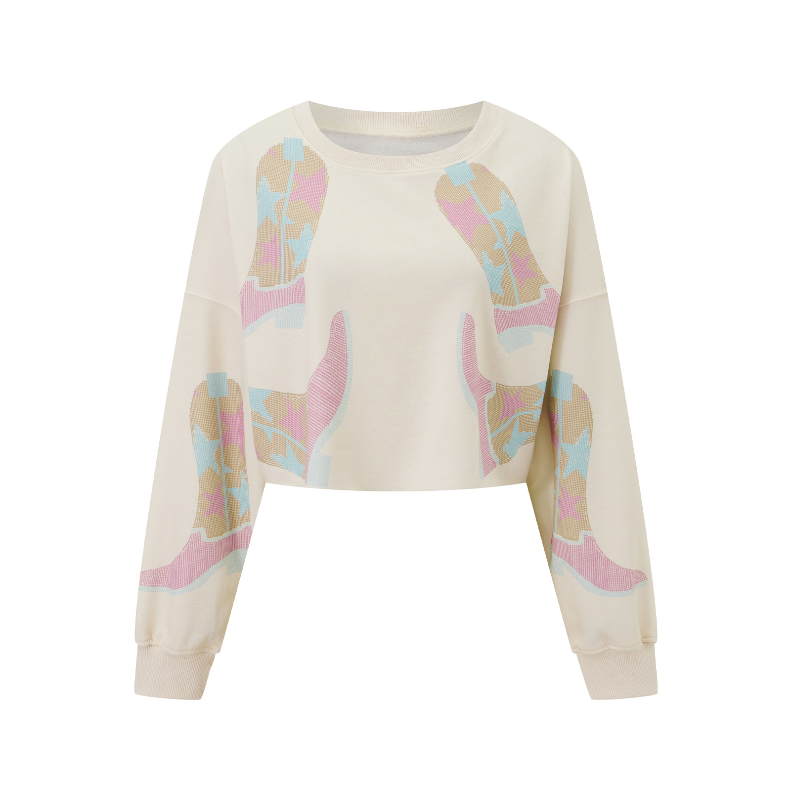 Vinaxco Women's Loose Cropped Sweatshirt Sequins Boots Long Sleeve Round Neck Casual Cropped Pullover Tops Spring