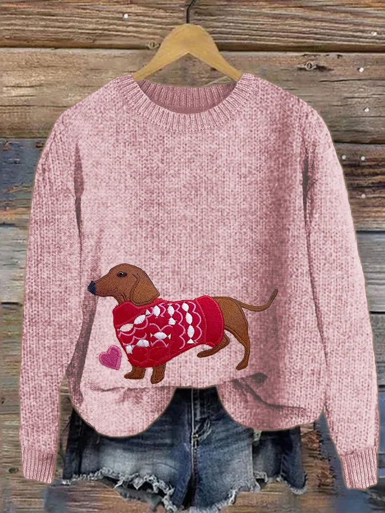 Pink Christmas Dachshund Dog Embroidered Cozy Sweater