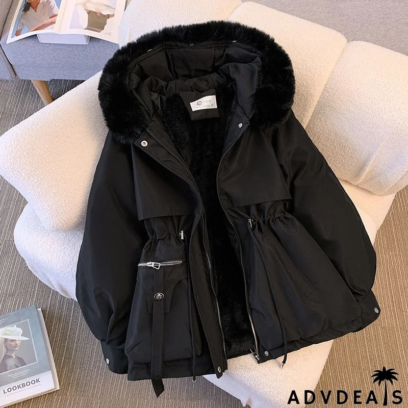 Parker Women Winter Down Cotton-Padded Jacket Fashion Fleece-Lined Thick Fur Collar Hooded One-Piece Coat