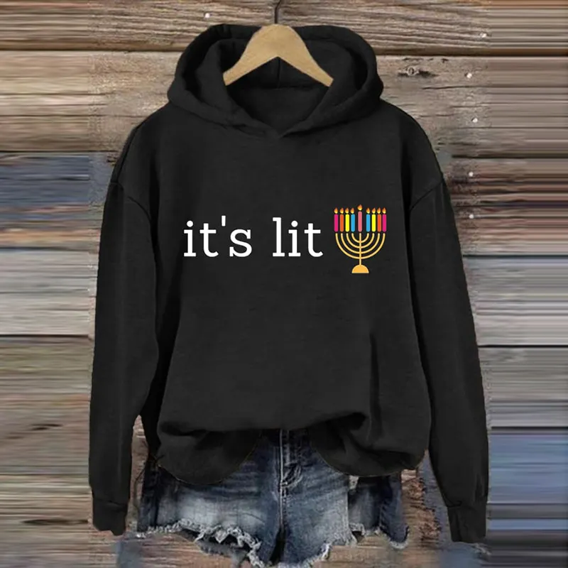 Women's Hanukkah Print Long Sleeve Casual Hoodie