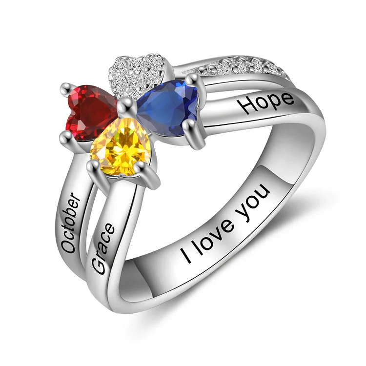 Heart Birthstone Ring Custom 3 Names Promise Ring for Her