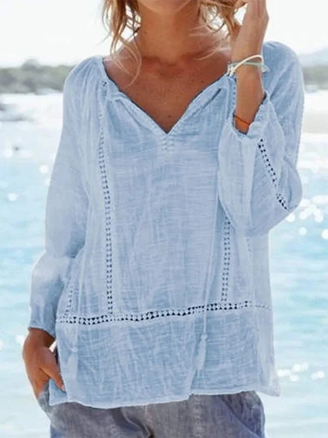 Women's Solid Color Cutout Design V-Neck Long Sleeve Top