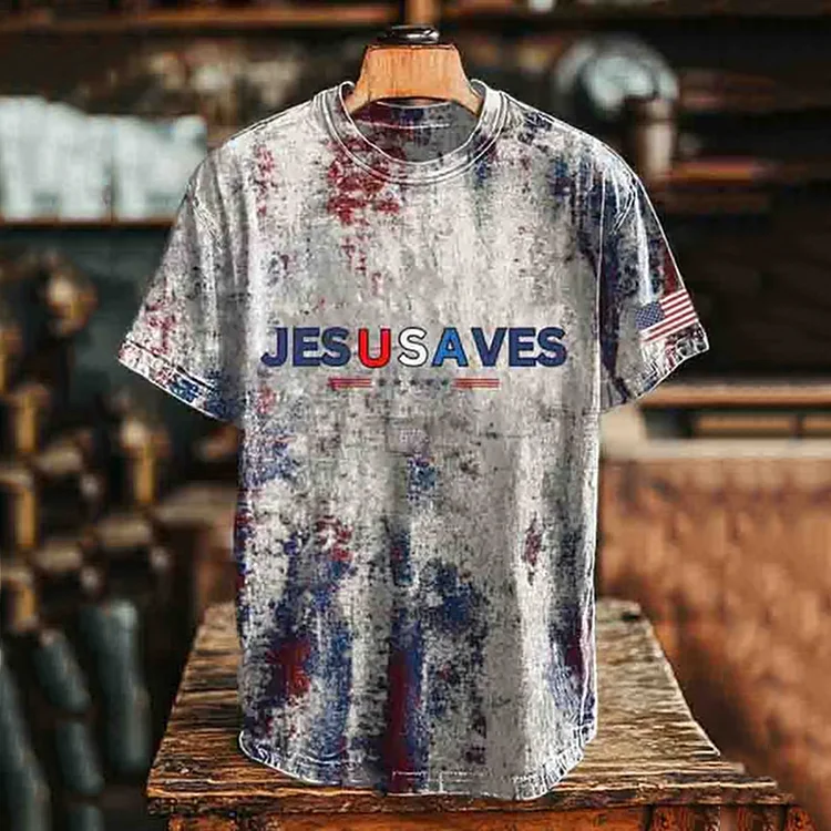 Men's Independence Day July 4th U S A Jesus Saves Printed Casual T-shirt