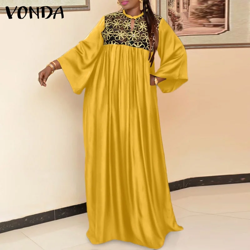 Elegant Women Kaftan Dress 2022 VONDA Vintage Long Sleeve Embroidery Mesh Dress Autumn Robes Longues Oversized Robe Femme
