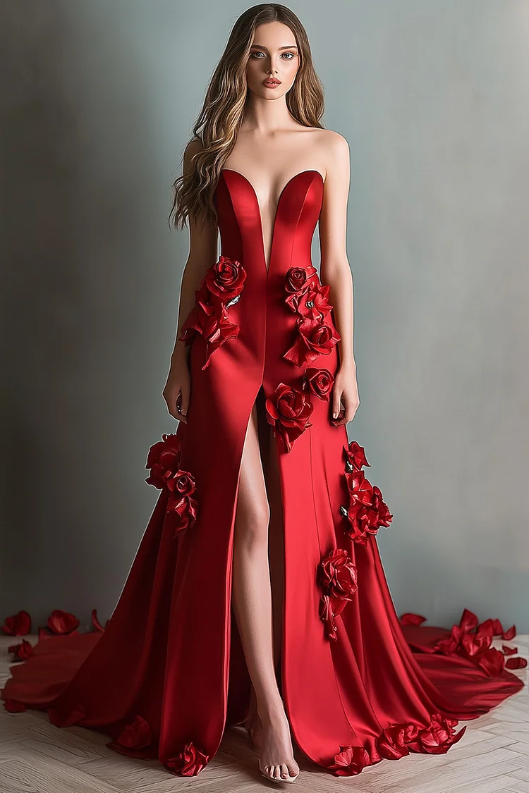 Strapless Deep V Neck 3D Floral Slit Maxi Dress-Red [Custom-Made]