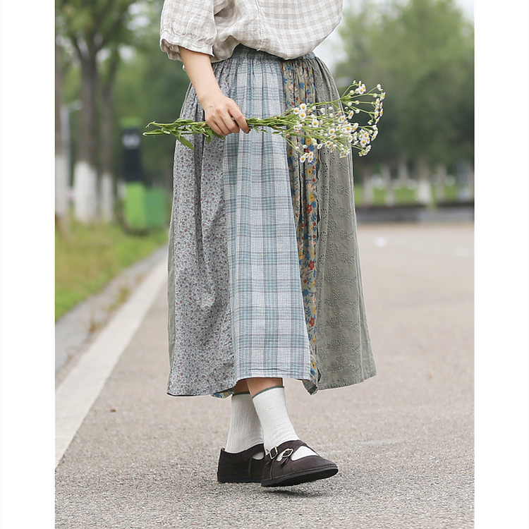 Queenfunky cottagecore style Linen Mori Girl Patchwork Skirt QueenFunky