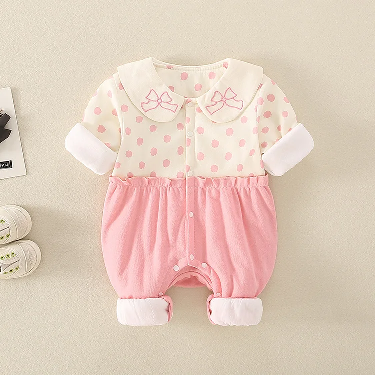 Baby Girl Dot Print Block Color Long Sleeve Fluff Romper