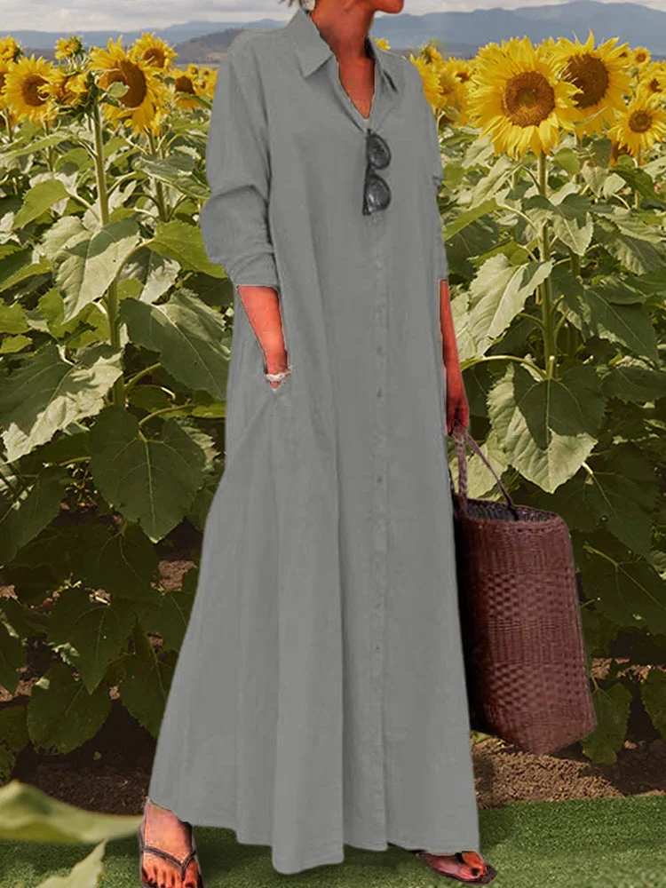 Cotton And Linen Solid Color Lapel Long Sleeve Pocket Simple Loose Casual Long Shirt Dress