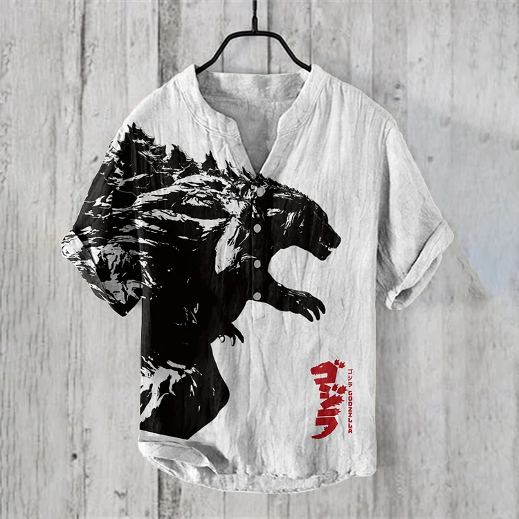 Vintage Japanese Godzilla Art Linen Blend Shirt
