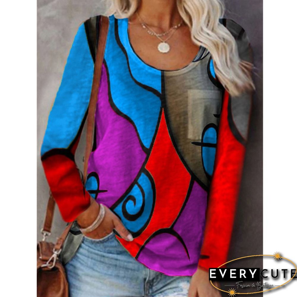 New Autumn and Winter Women's Casual Blouses Long-sleeved T-shirt Stitching Color Printed Tops Plus Size