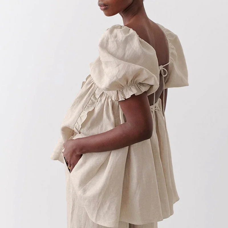 Women Vintage Ruffled Backless A-line Party Dress Lantern Sleeve Square Collar Hemp Mini Dress 2021 Summer Fashion Women Dress