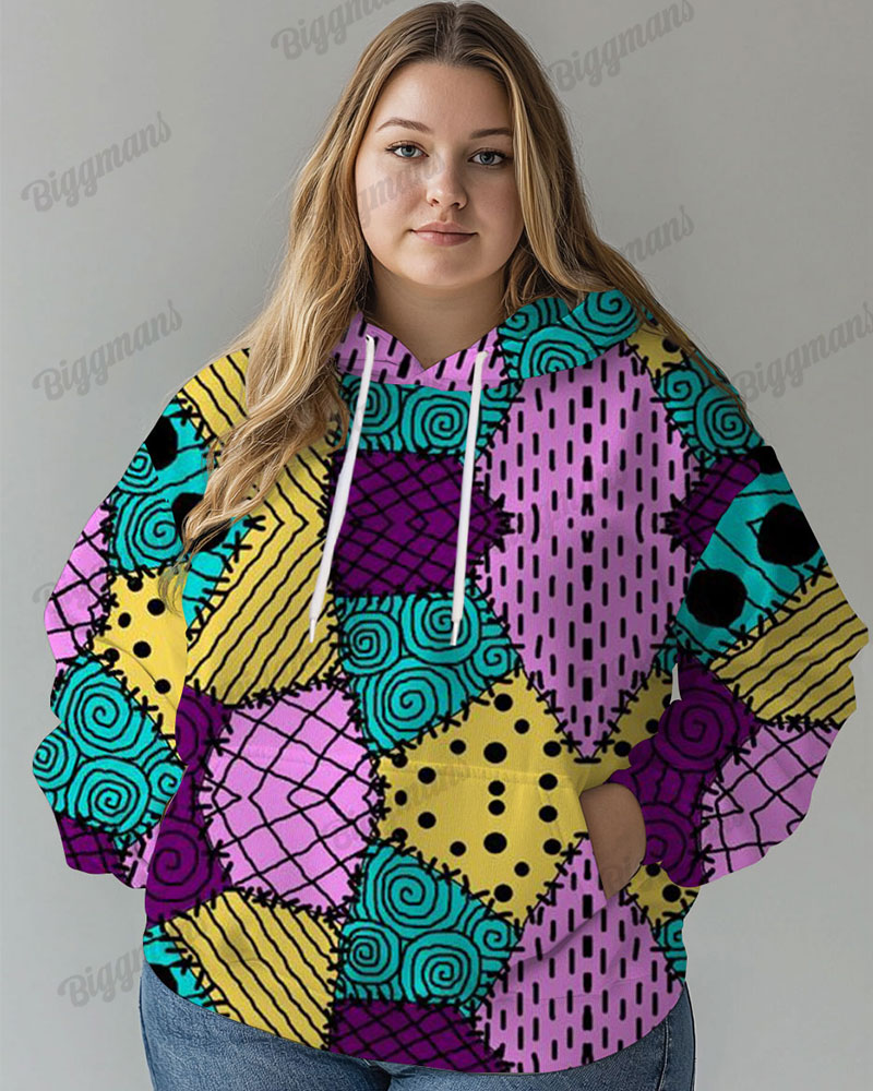 Women's Plus Funny Vintage Patchwork Print Long-sleeved Hoodie