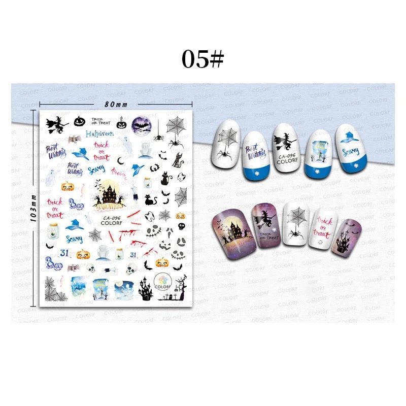 1 Sheet 3D Halloween Nail Sticker Christmas Skull Bone Snake Butterfly Maple Leaf Pattern Decals Manicures 3D Nail Decorations