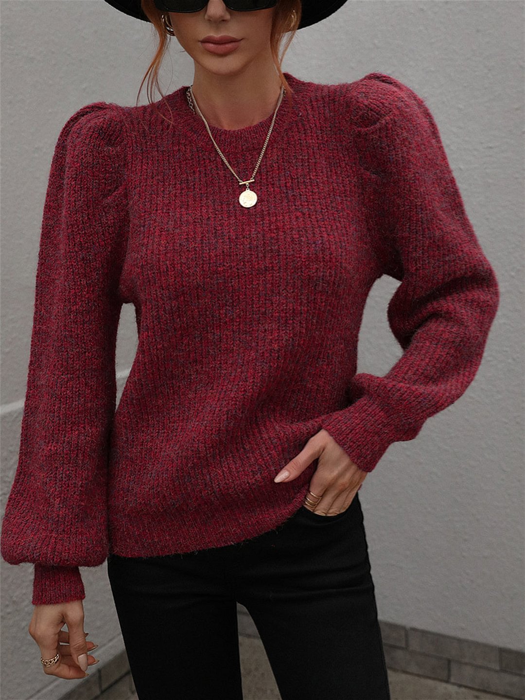 Women's Long Sleeve Scoop Neck Solid Color Top Knit Sweater