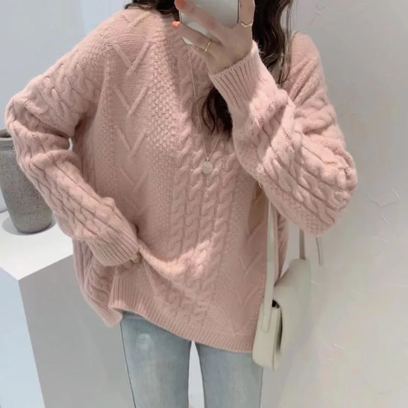 Churchf Churchf Thick Twist Pure Color Loose Sweater Female Autumn Dong New Round Collar Lazy Wind Sweater Jacket