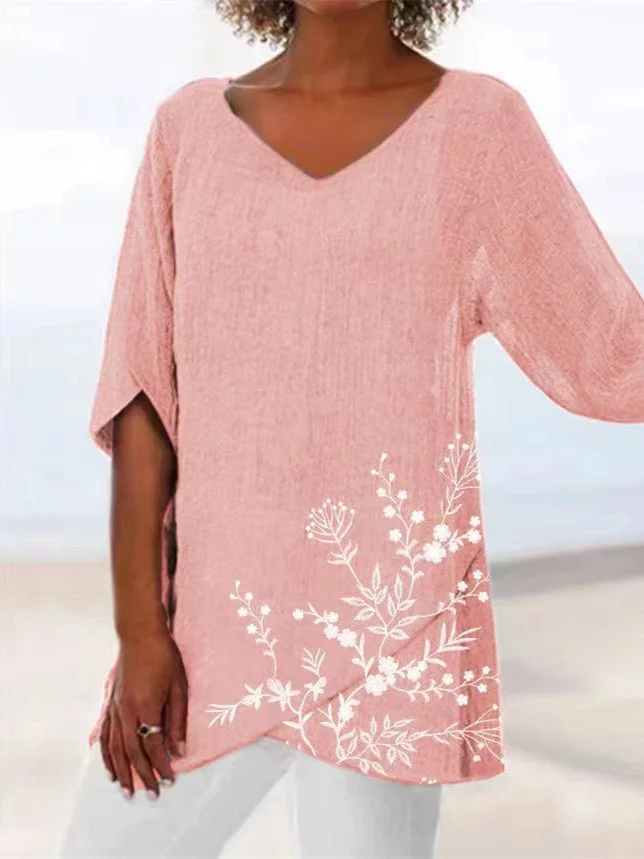 Women Asymmetrical  Half Sleeve V-neck Floral Printed Solid Tops