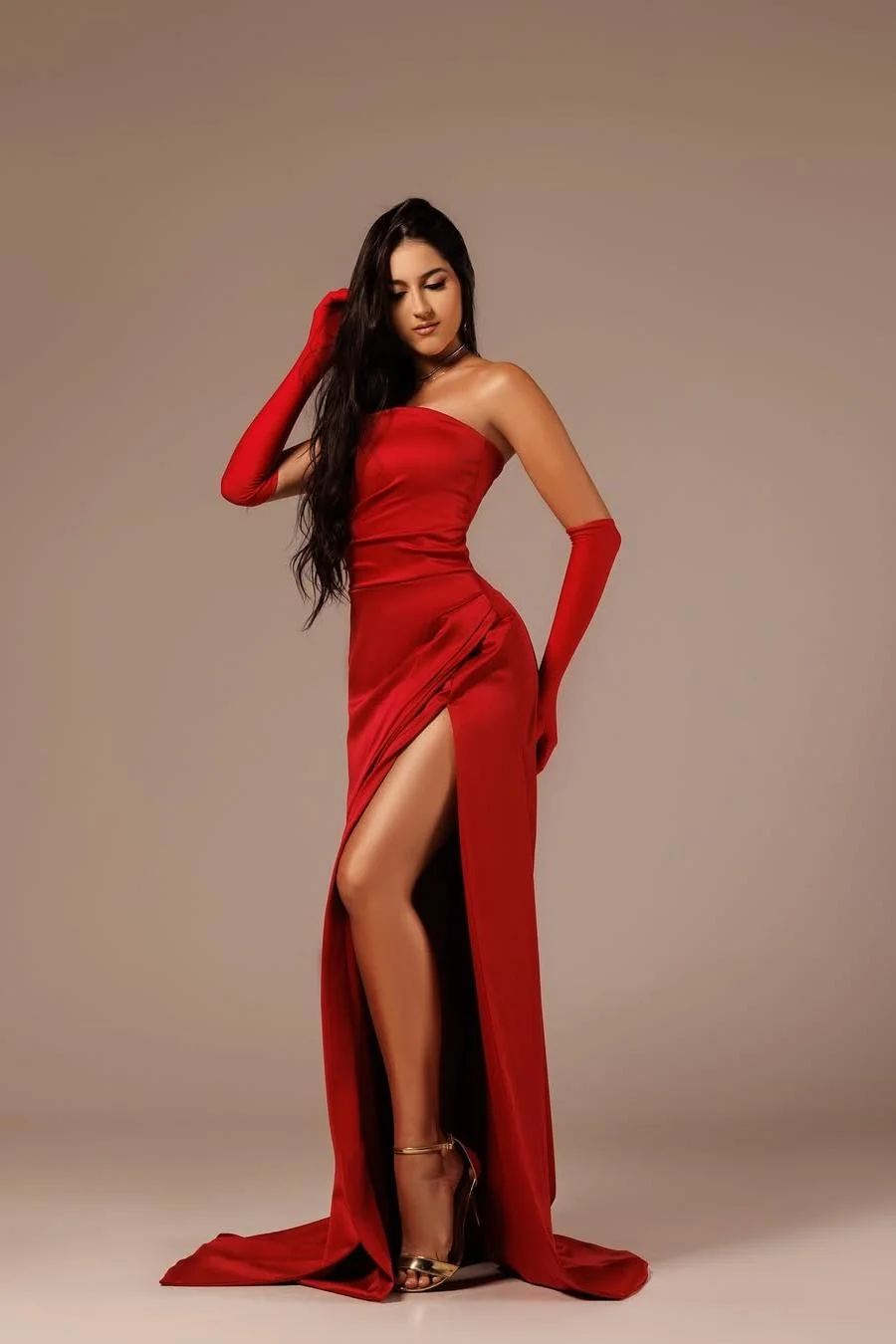 Miabel Beautiful Red Satin Strapless Sleeveless Long Split Prom Dress with Gloves 