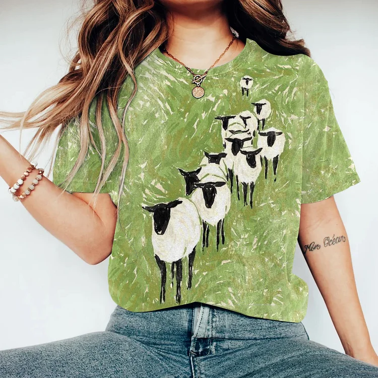 VChics Farm Sheep Print Round Neck Casual T-Shirt