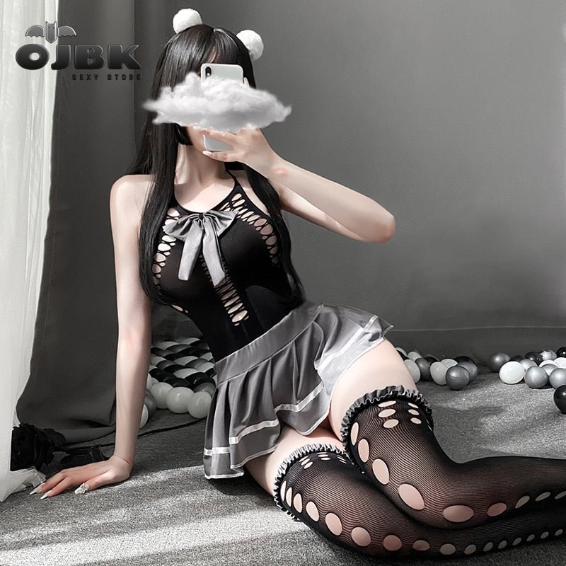 OJBK Exotic Costumes Sexy Schoolgirl Cosplay Outfit Kawaii Erotic Lingerie Anime Mini Skirt With Hollow Out Stockngs Underwear