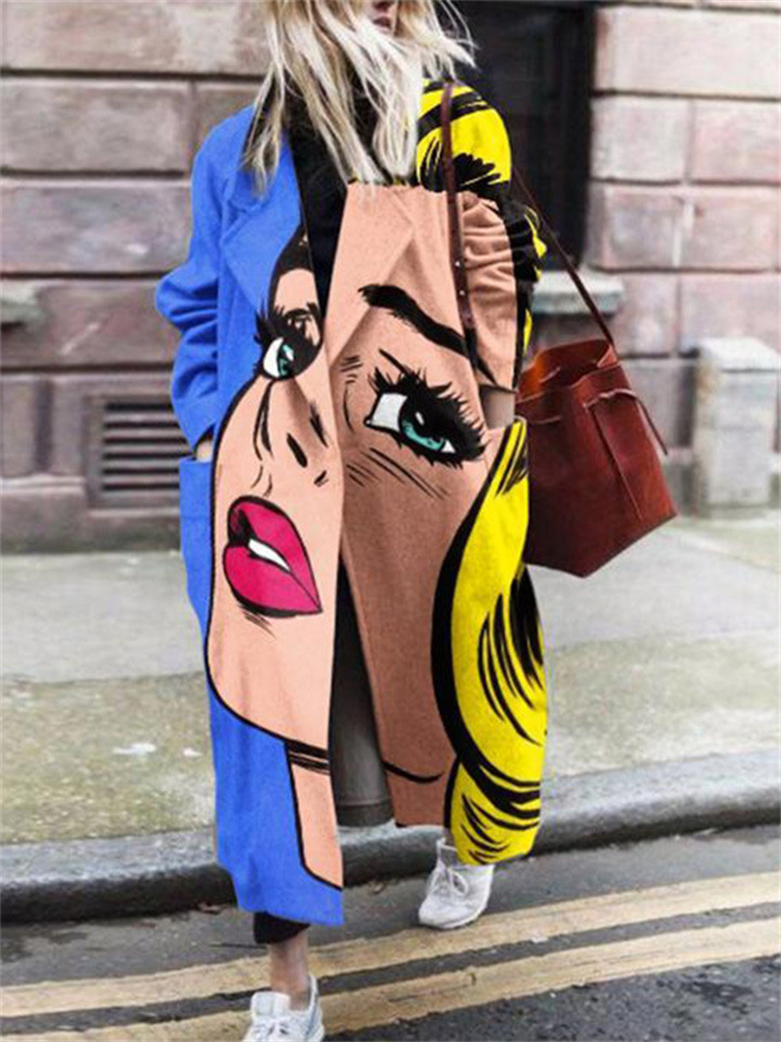New Fall Temperament Commuter Women's Long-sleeved Lapel Coat Printed Tweed Urban Wind Loose Type Coat