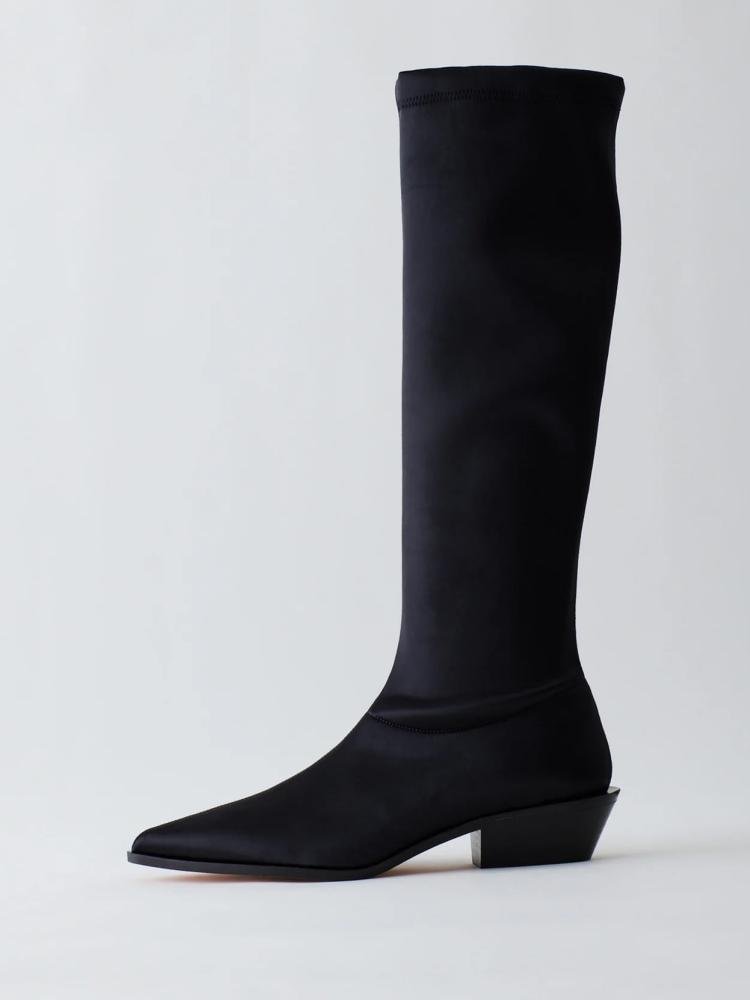 Black Chunky Low Heel Western Mid Calf Boots