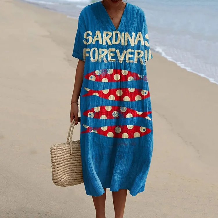 Vintage Sanrdinas Forever Fish Art Printed Women's Flowy Dress