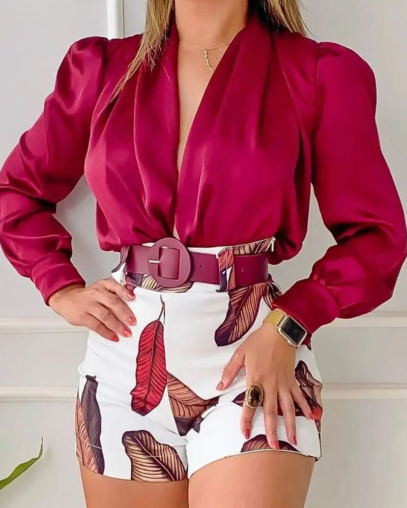 CM.YAYA Beach Holiday Women's Tracksuit Floral Leaf Long Sleeve Shirt and Shorts Matching Two 2 Piece Set Outftis Sweatsuit