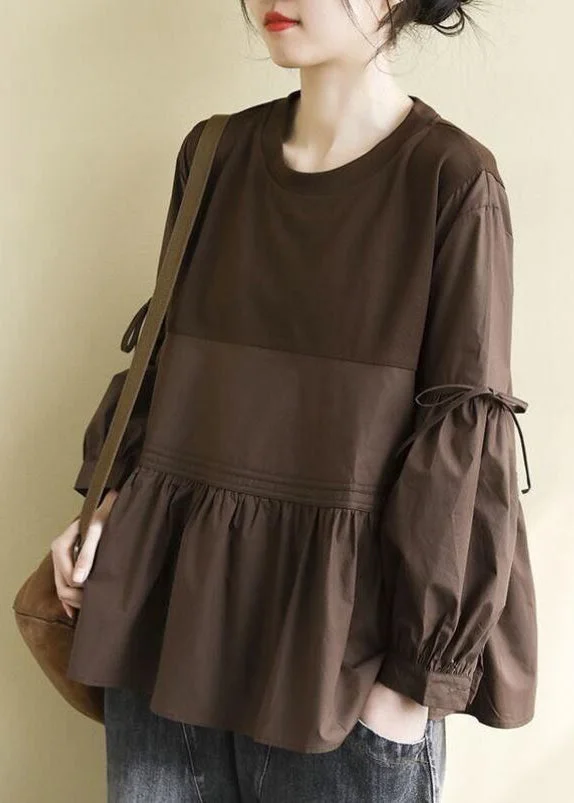 Fashion Coffee O-Neck Patchwork Wrinkled Cotton Top Long Sleeve