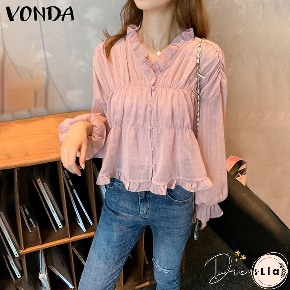 Women Elegant V Neck Flare Sleeve Button Up Shirts Blouse S-5XL Solid Color Pleated Ruffled Hem Lace Tops