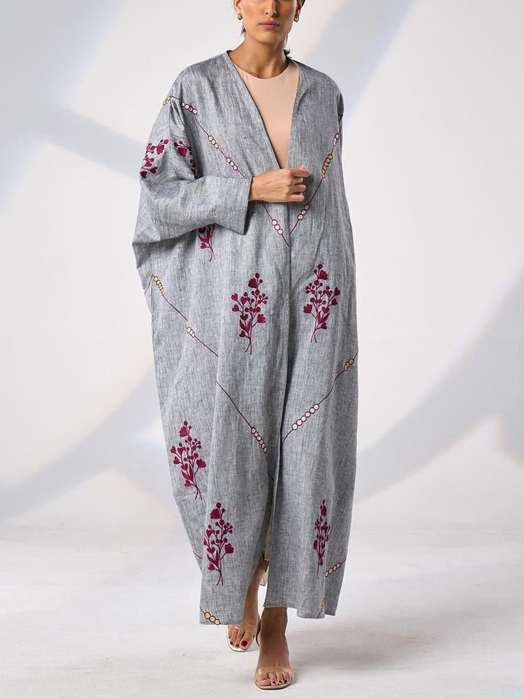 Purple bouquet printed gray loose cardigan abaya [PRE-ORDER]