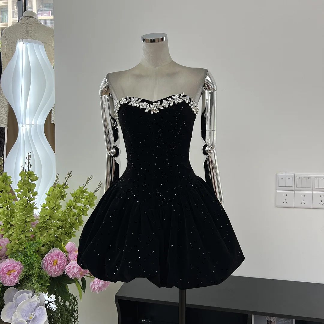Zingj Autumn Romantic Dinner Party Diamond Finishing Waist Ponbo Dress With Big Bow