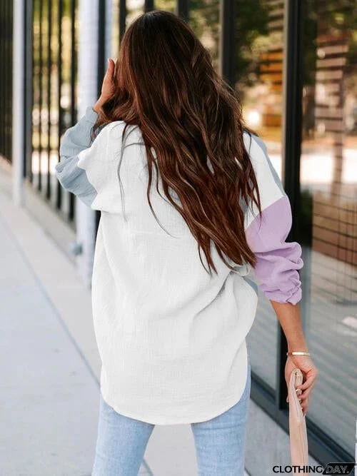 Color Block Button Up Collared Neck Shirt