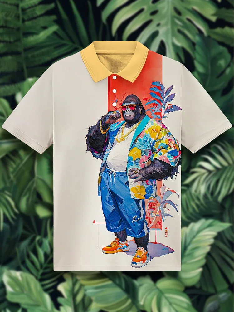 Men's Hippie Fashion Gorilla Print Short Sleeve Polo Shirt