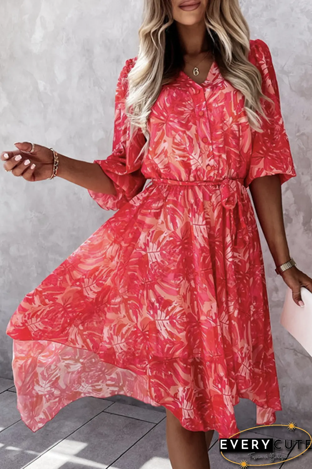 Fashion Elegant Floral Buckle With Belt V Neck Irregular Dress Dresses