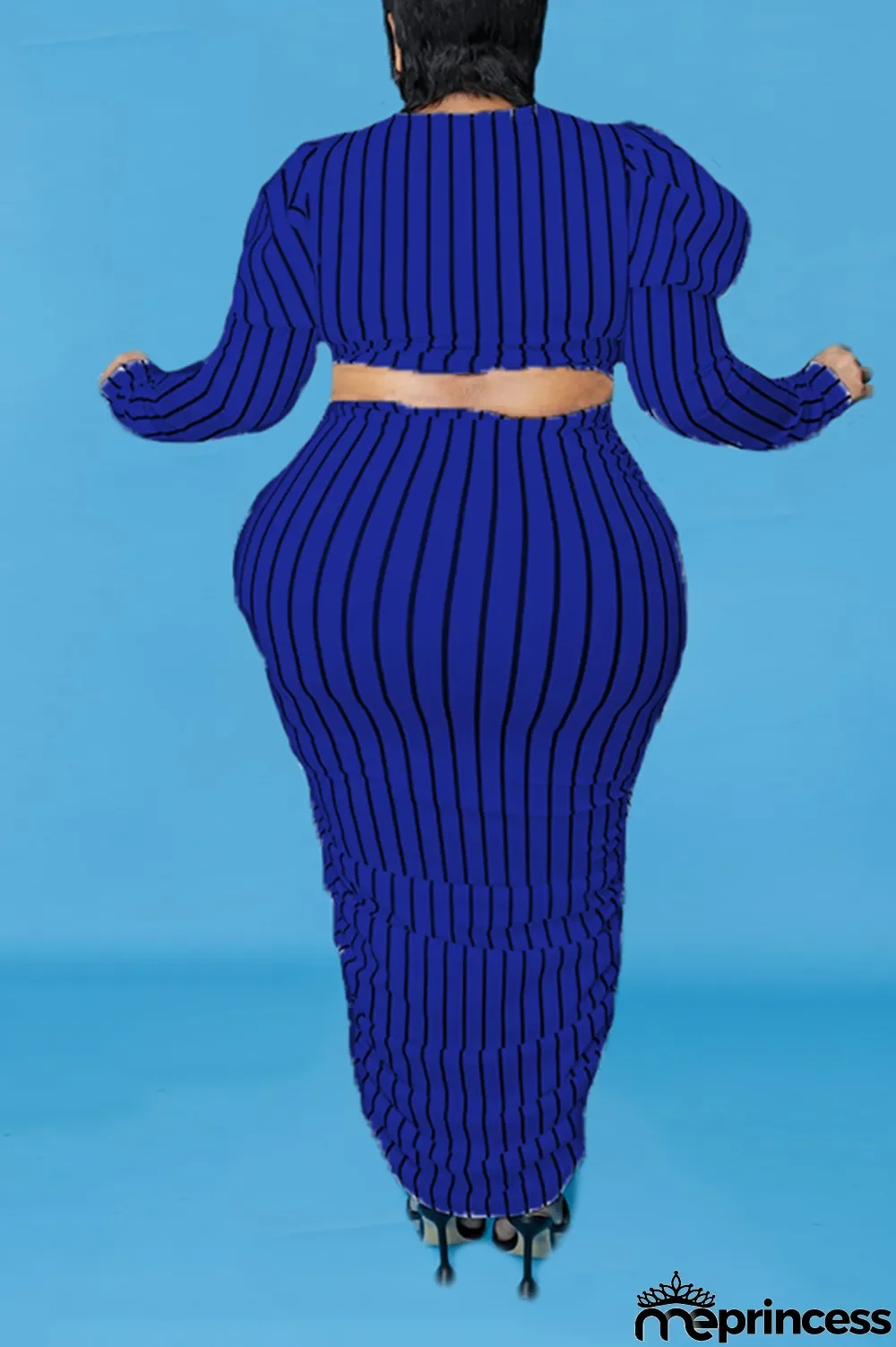 Yellow Casual Striped Split Joint O Neck Pencil Skirt Plus Size Two Pieces