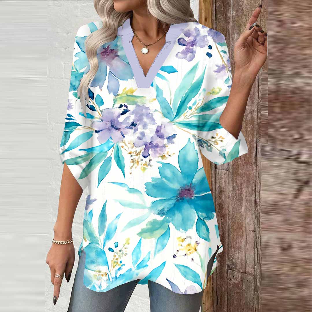 Women Floral,Green DZGA0033 3/4 Sleeve V-neck Printed Graphic Button Tops